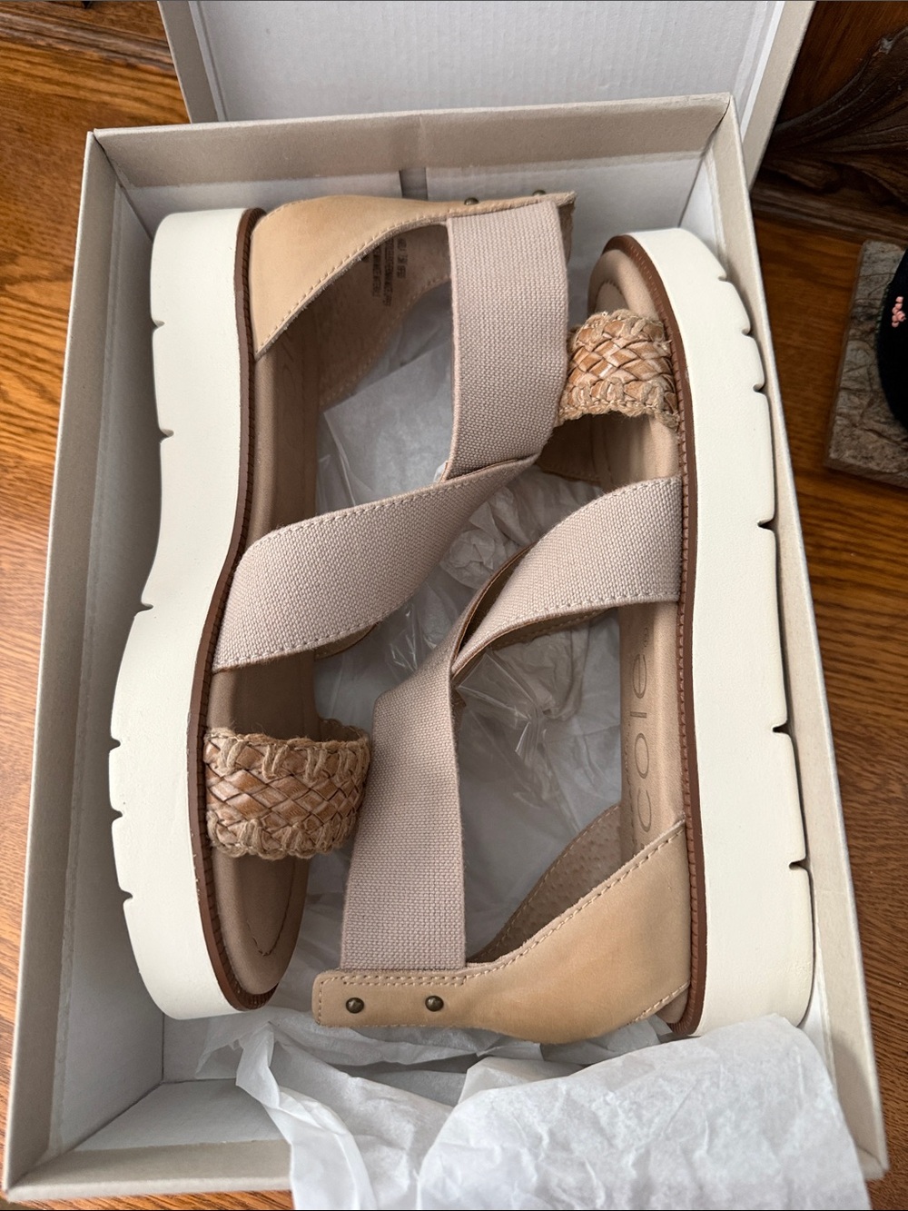 NWT Nicole Neutral Beige Platform Sandals with Braided Toe Strap - Picture 1 of 5